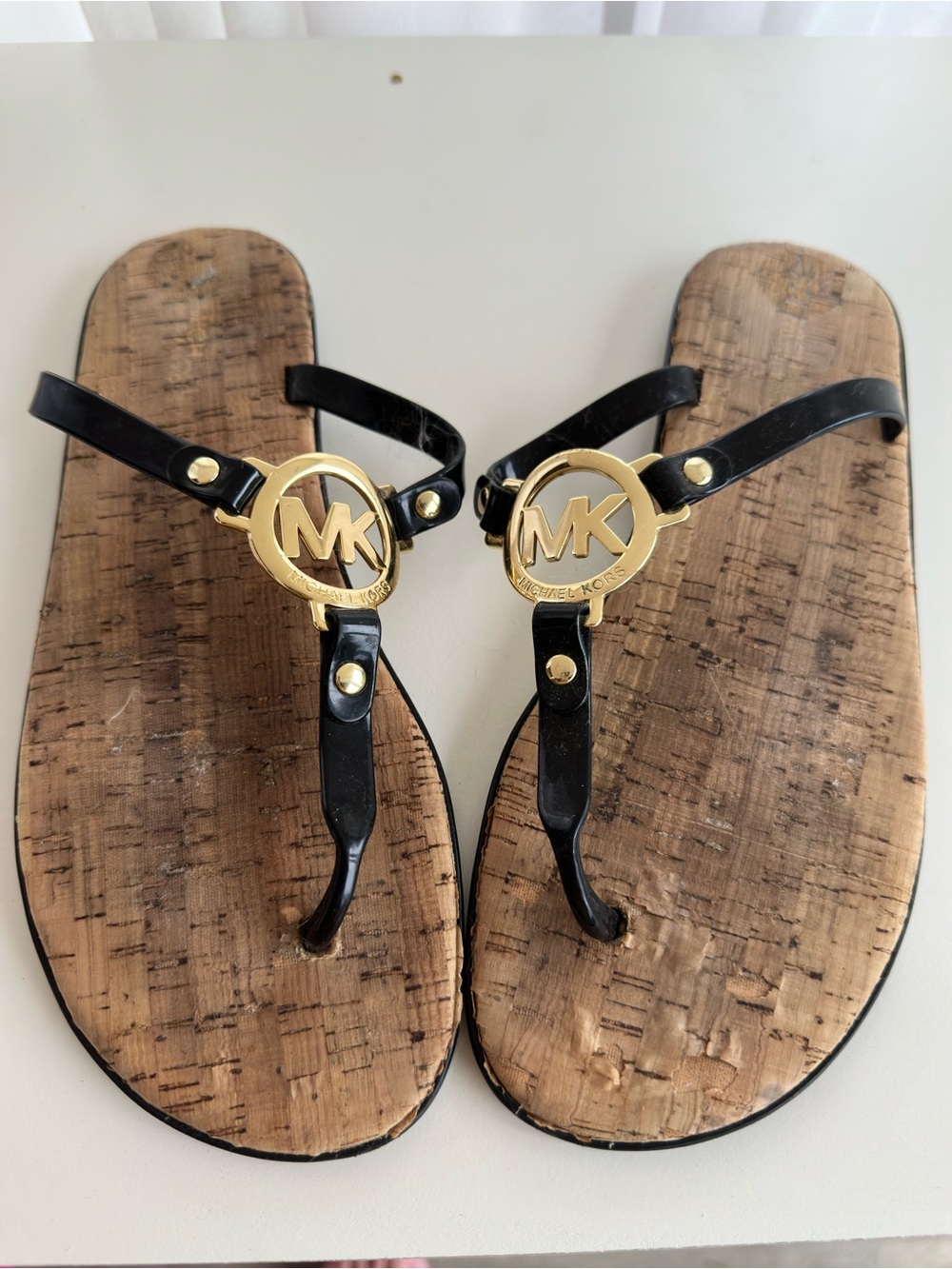 Michael Kors Black & Cork MK Logo Thong Sandals